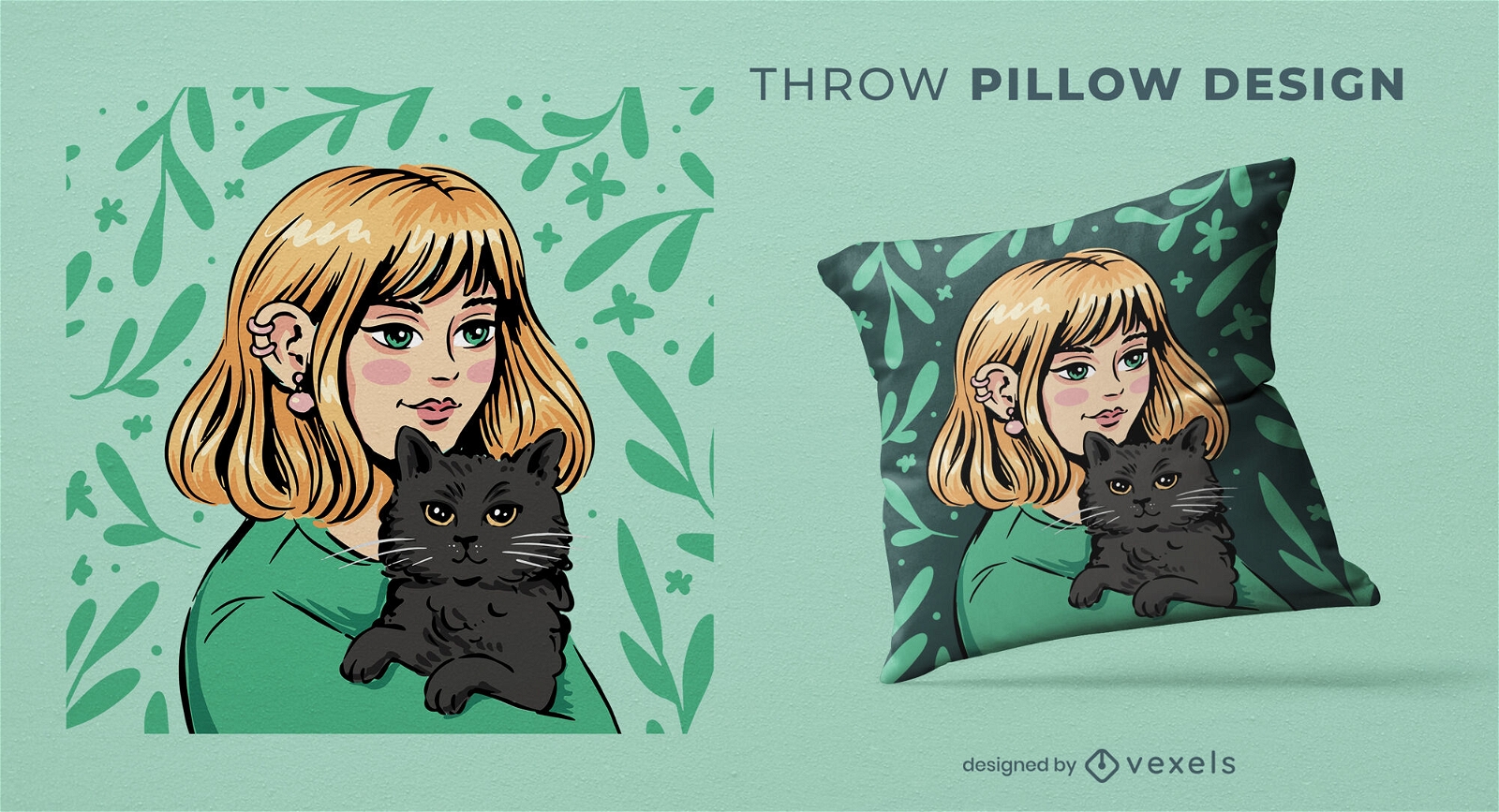 Blonde woman with cat throw pillow design