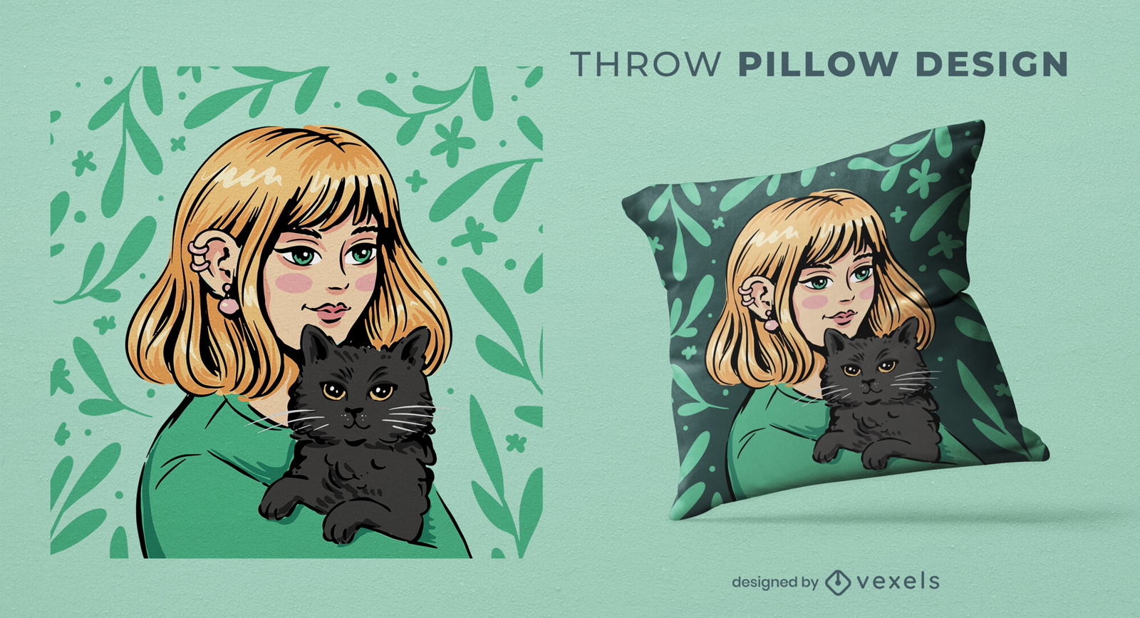 Mujer rubia con diseño de almohada de tiro de gato