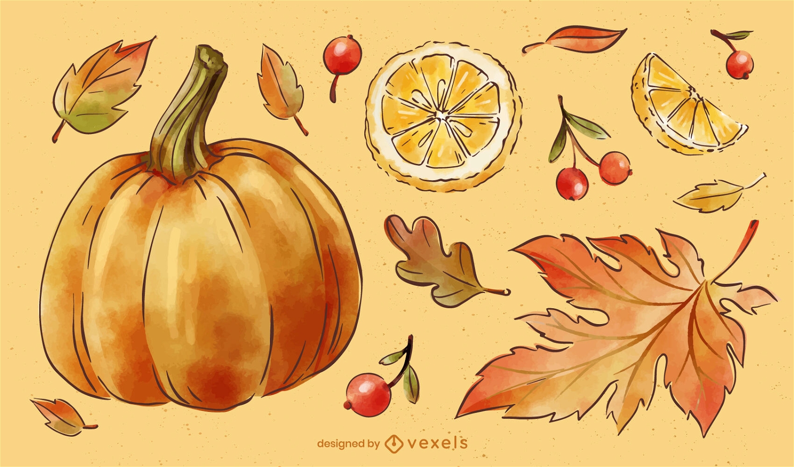 Conjunto de elementos da temporada de outono em aquarela