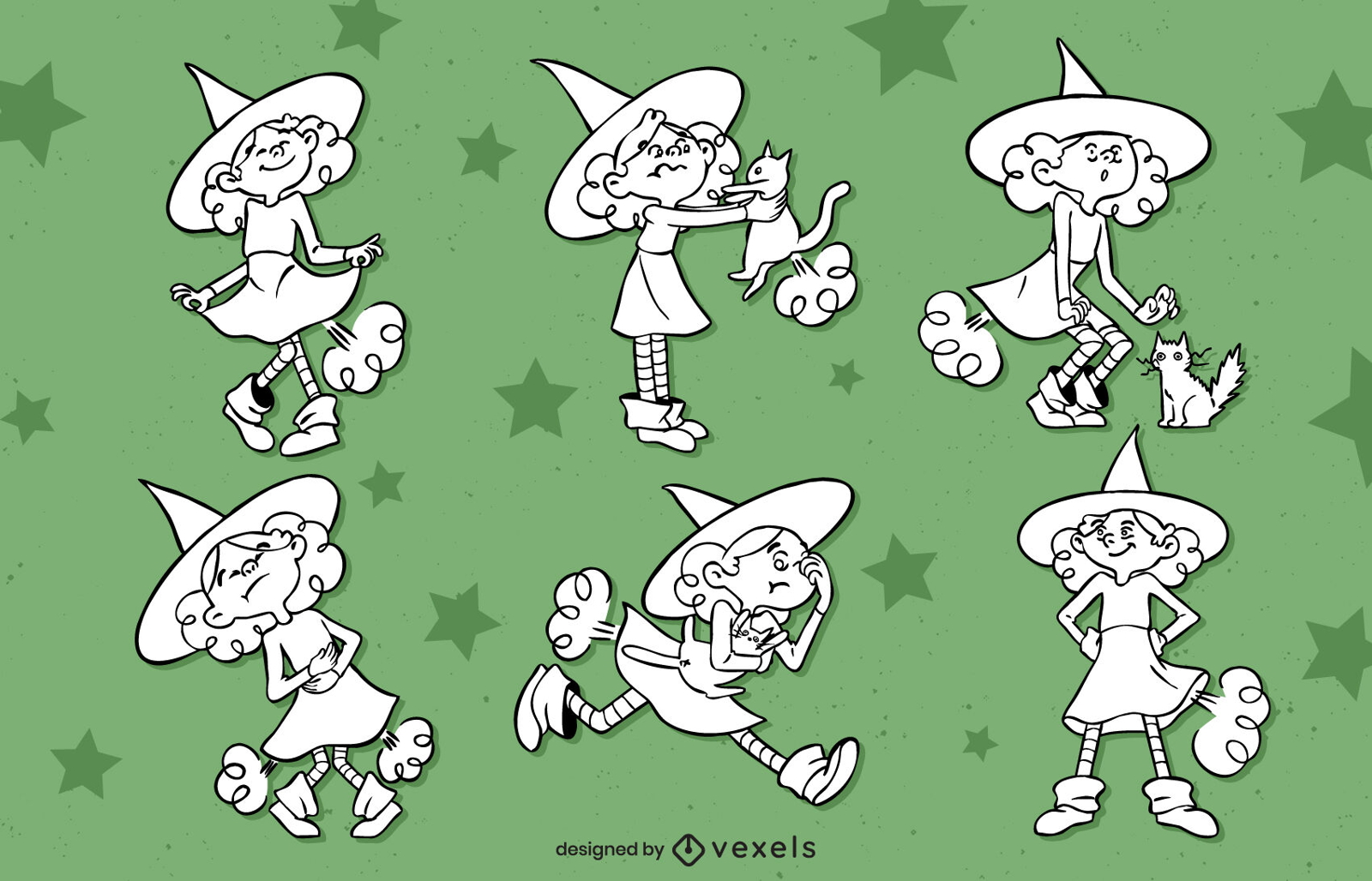 Halloween witches monster cartoon set