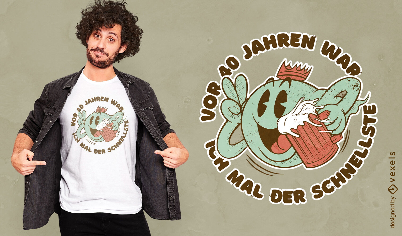 Personaje de dibujos animados con diseño de camiseta de cerveza.