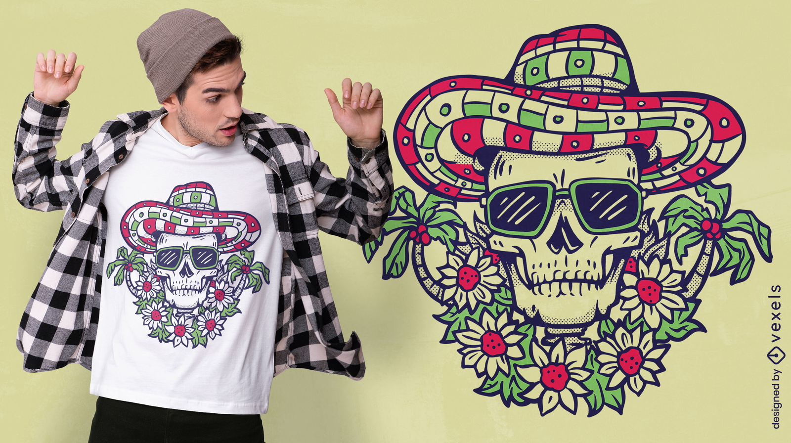 Dibujos animados de calavera con gafas de sol y diseño de camiseta de sombrero