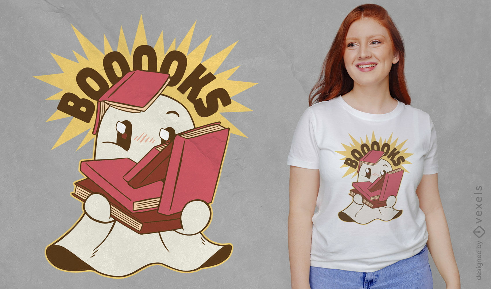 Dibujos animados lindo fantasma con diseño de camiseta de libros
