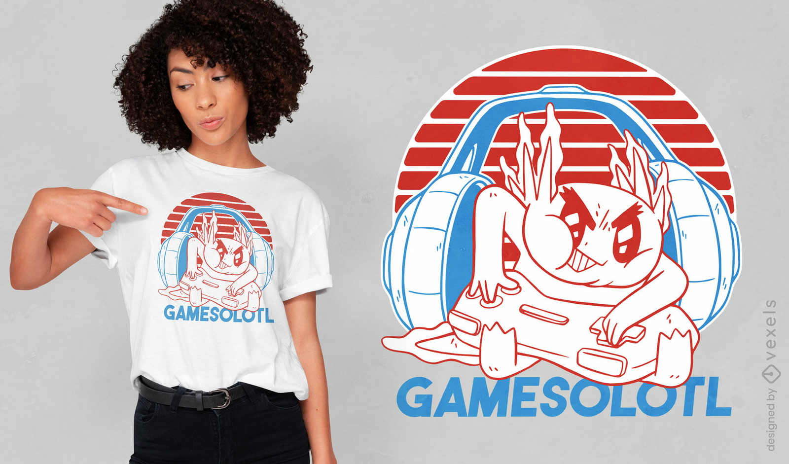 Diseño de camiseta Axolotl con joystick y auriculares.