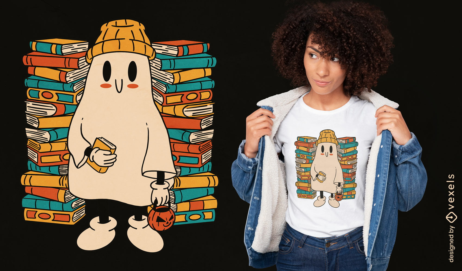 Fantasma con montones de libros diseño de camiseta.