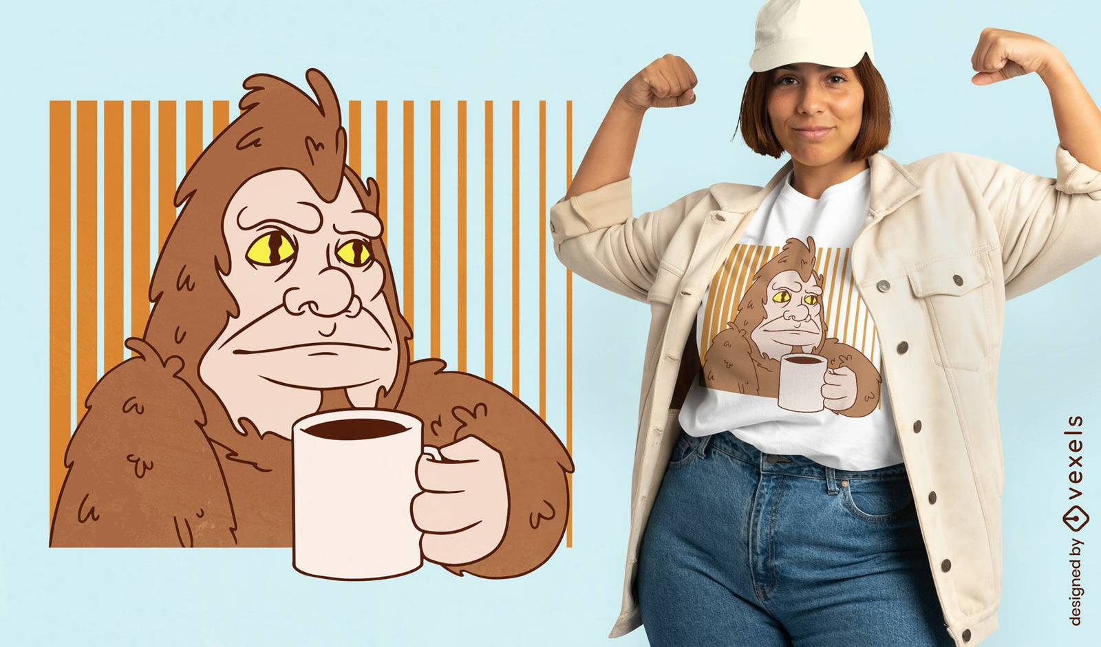 Design de camiseta de monstro de pé grande bebendo café