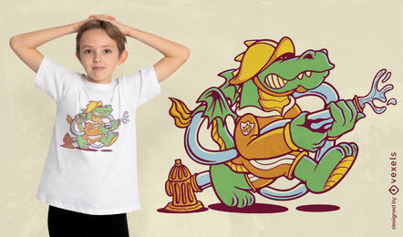 Drache-Feuerwehrmann-Cartoon-T-Shirt-Design