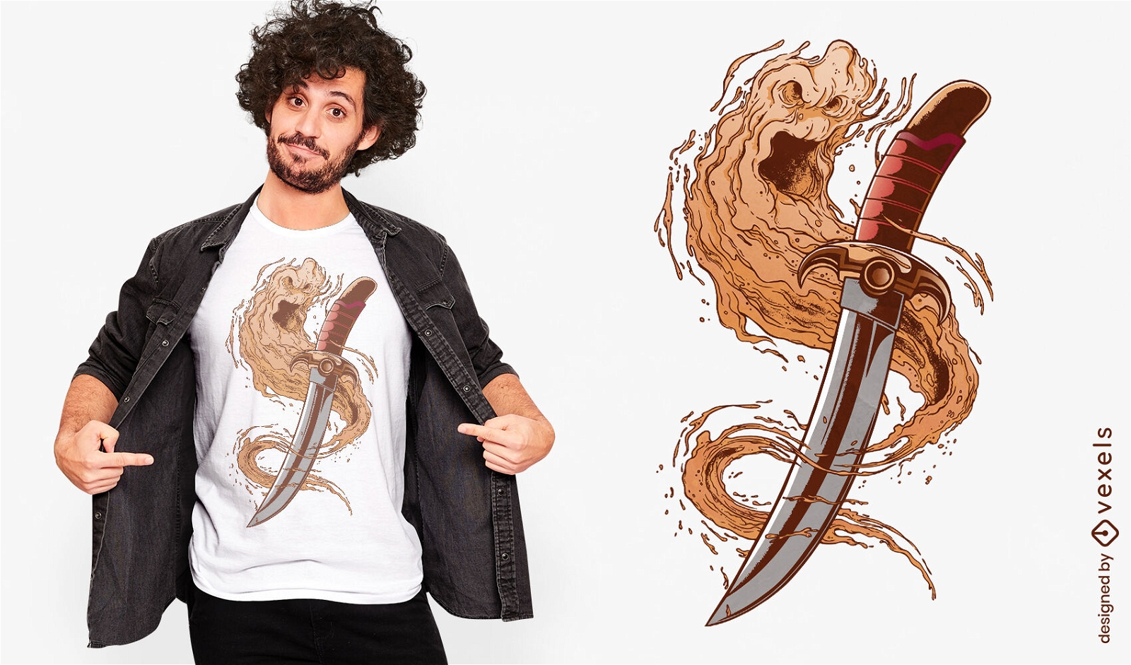 Diseño de camiseta de criatura de arena y cuchillo.