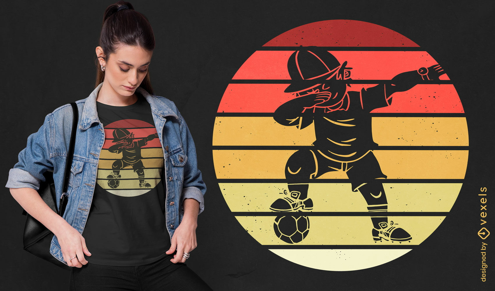 Design de camiseta retrô do pôr do sol de futebol infantil