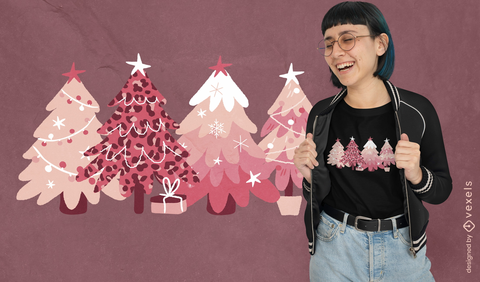 Design de camiseta de férias de árvore de natal rosa