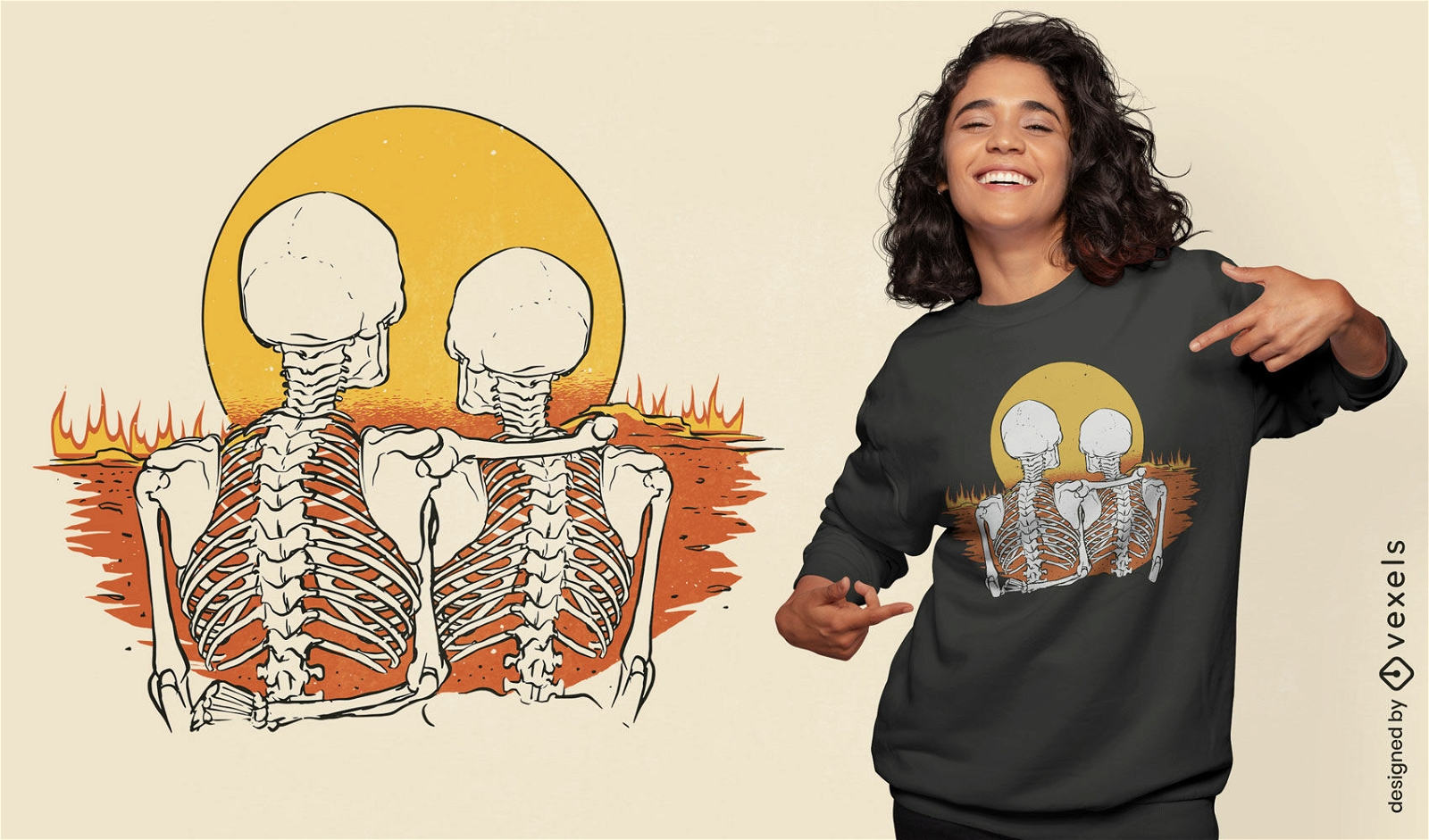 Design de t-shirt do p?r do sol do casal esqueleto