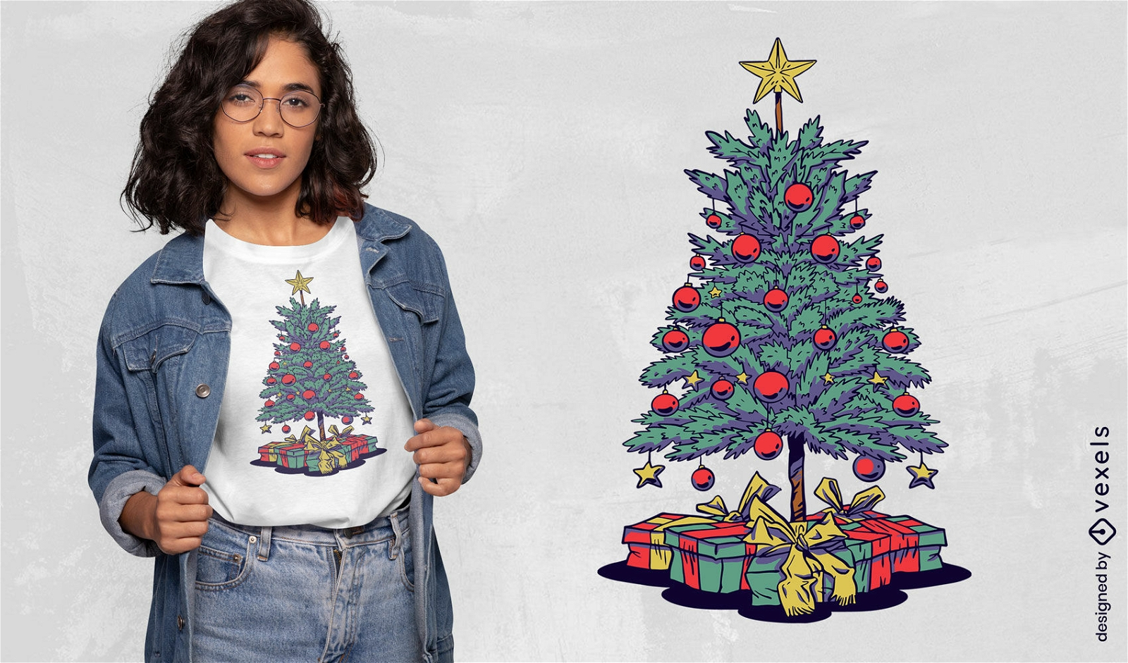 Diseño de camiseta de árbol de navidad y regalos.