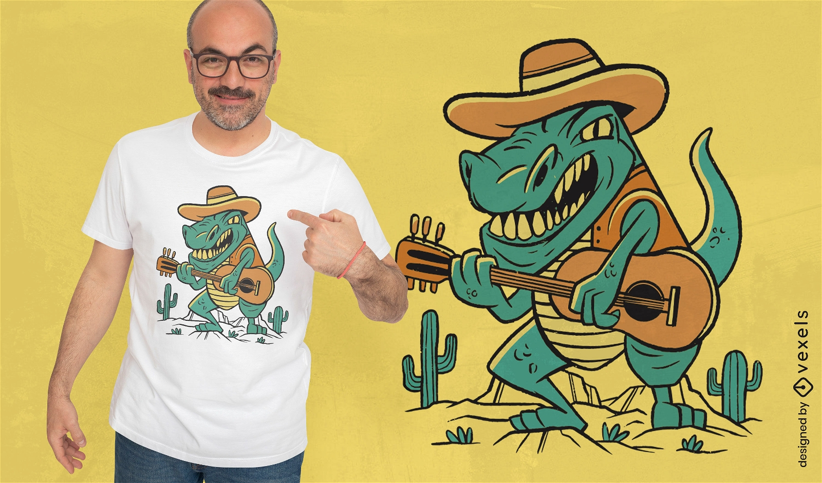 Design de camiseta de guiarista de cowboy t-rex