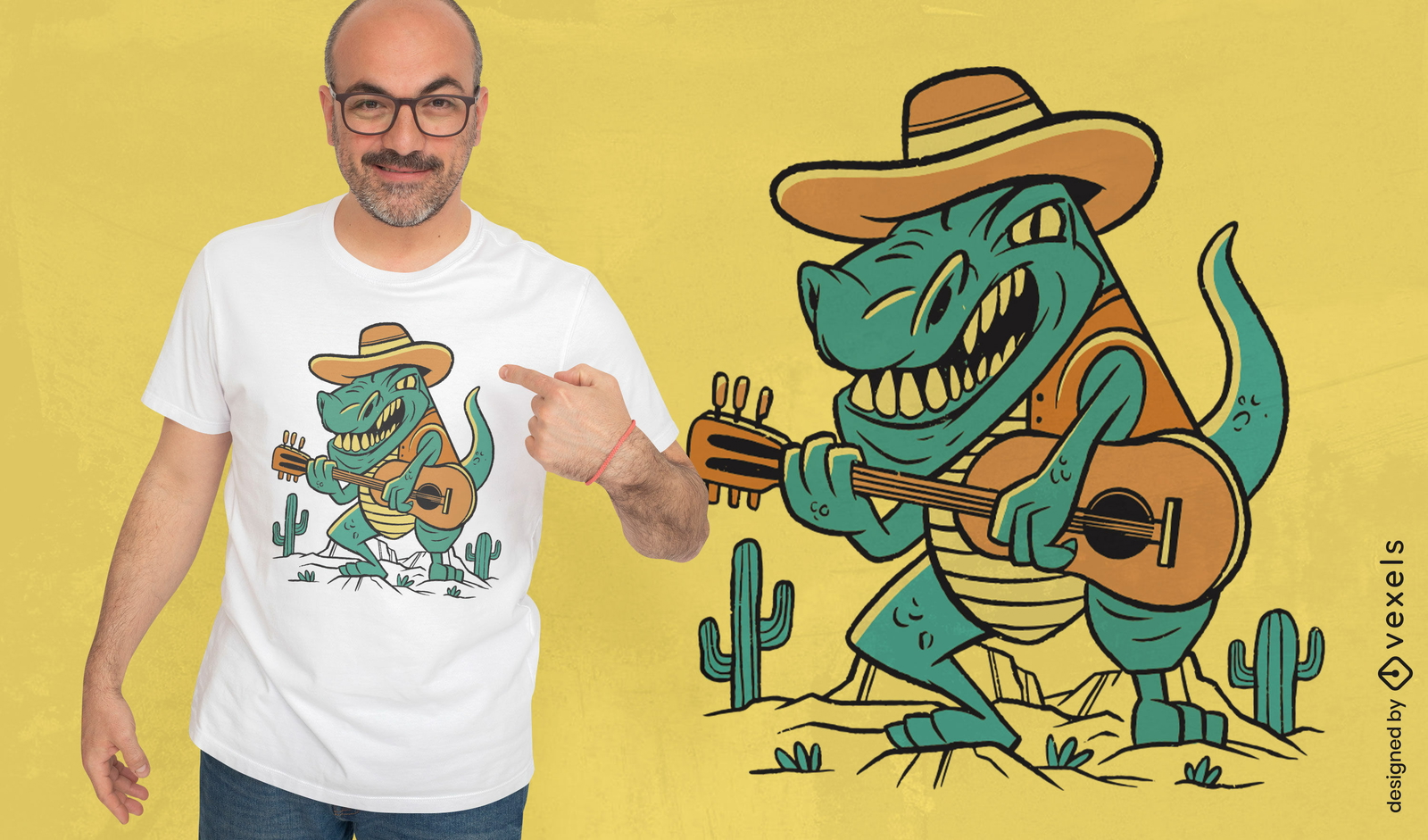 Diseño de camiseta vaquero t-rex guíarist