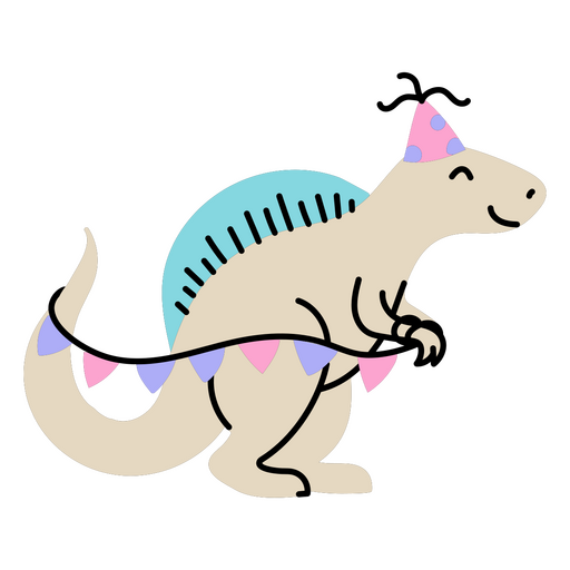 Dinosaurio con banderines de plástico celebrando su cumpleaños Diseño PNG