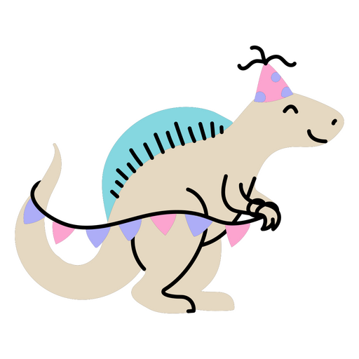 Dinossauro com flâmulas de plástico comemorando seu aniversário Desenho PNG