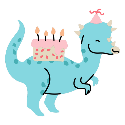 Dinosaurio con un pastel en la espalda celebrando su cumpleaños Diseño PNG