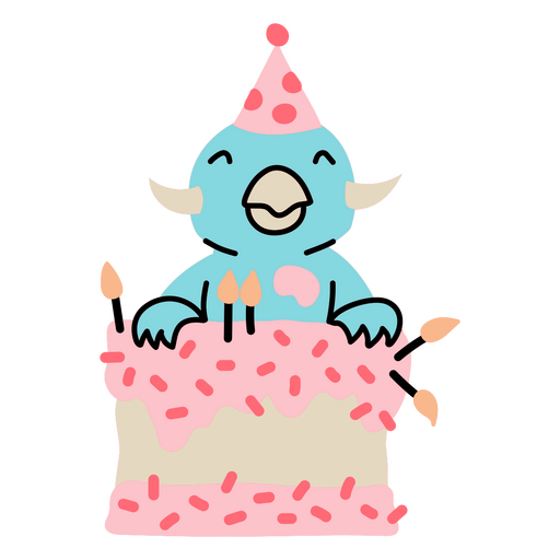 Dinosaur with a cake celebrating its birthday PNG Design