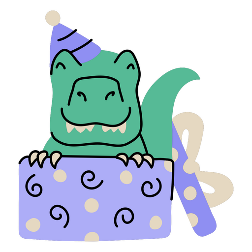 Dinosaur in a gift box celebrating its birthday PNG Design
