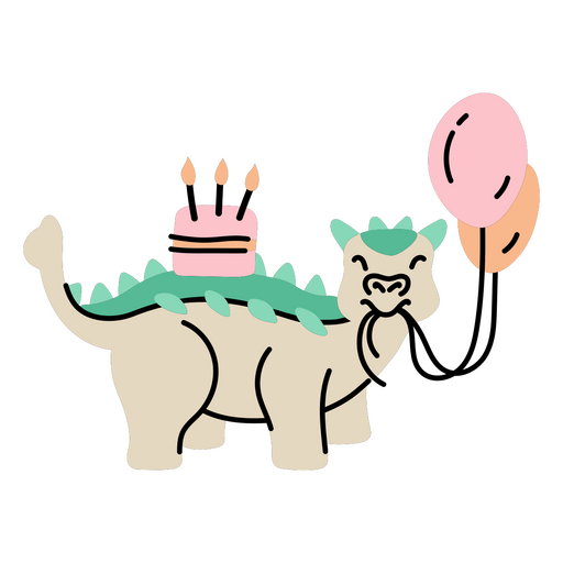 Dinosaurio con un pastel encima de su espalda celebrando su cumpleaños Diseño PNG
