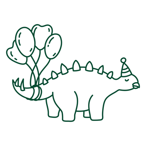 Dinosaurio de cumpleaños con globos atados a la cola. Diseño PNG