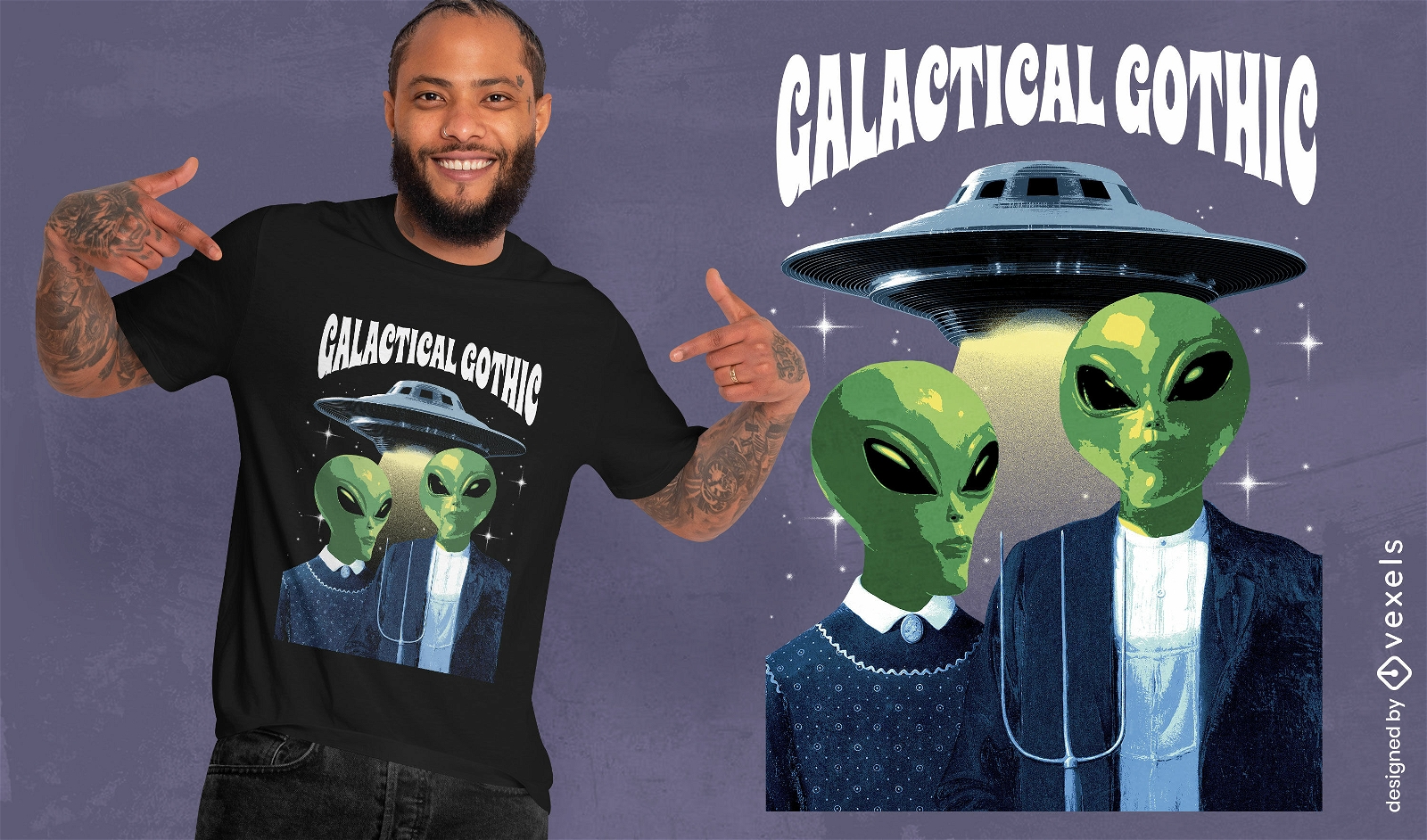 Alien couple and spaceship t-shirt psd