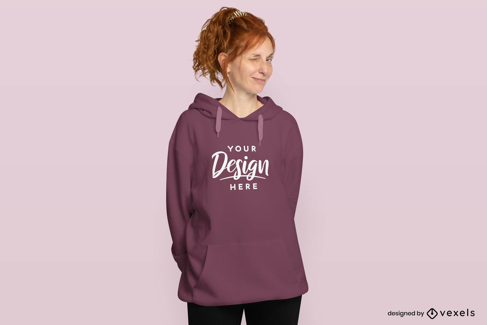 Redhead woman in ponytail and hoodie mockup