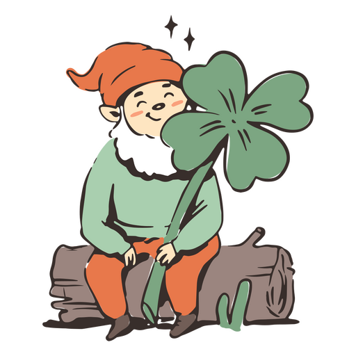 Cute gnome with a clover sitting on a tree trunk PNG Design
