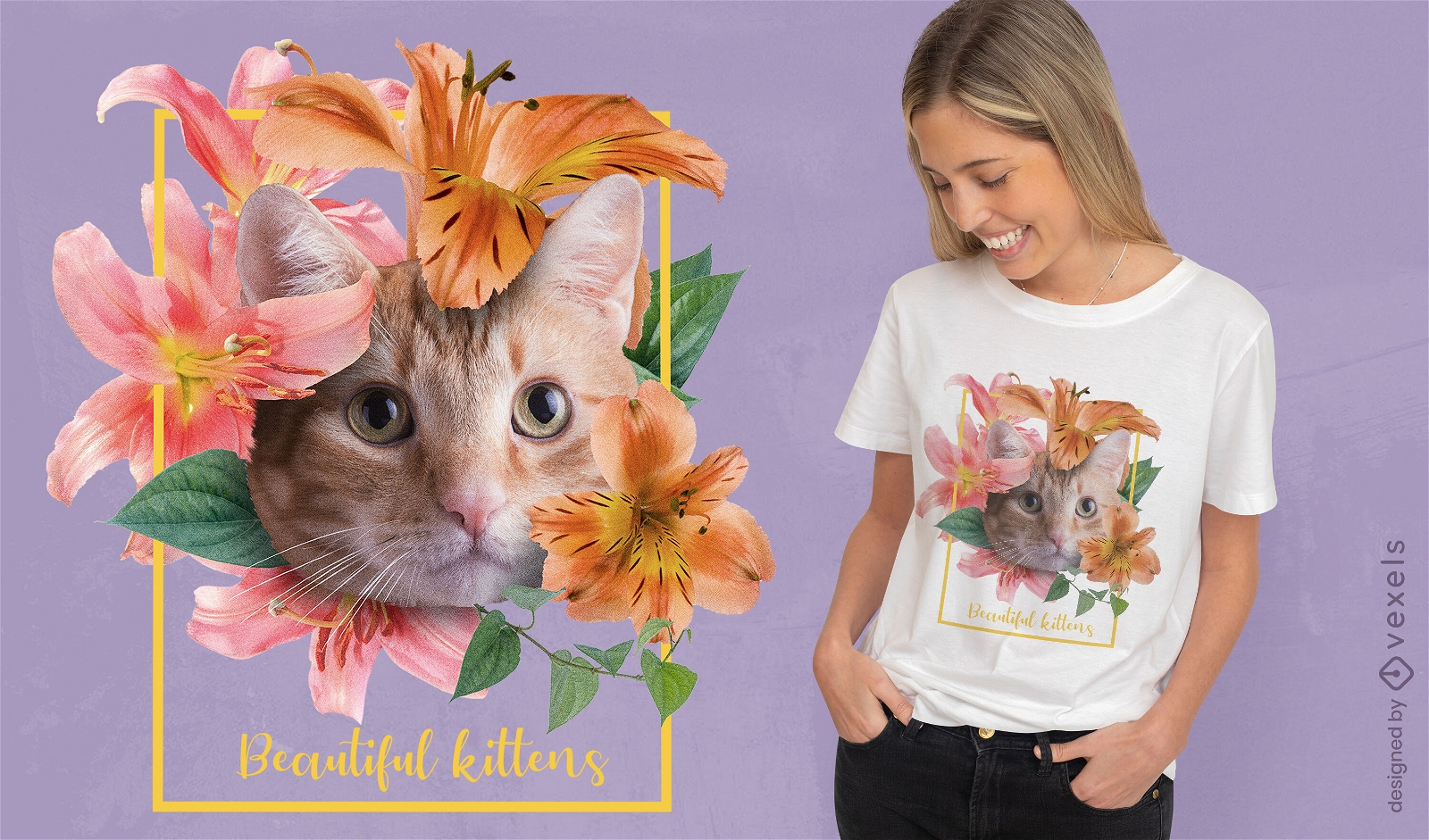 Cute kitten cat with flowers t-shirt psd