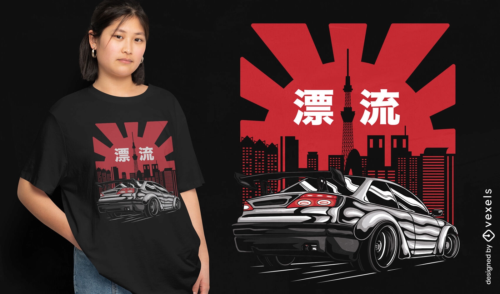 Diseño de camiseta japonesa de auto deportivo de la ciudad.