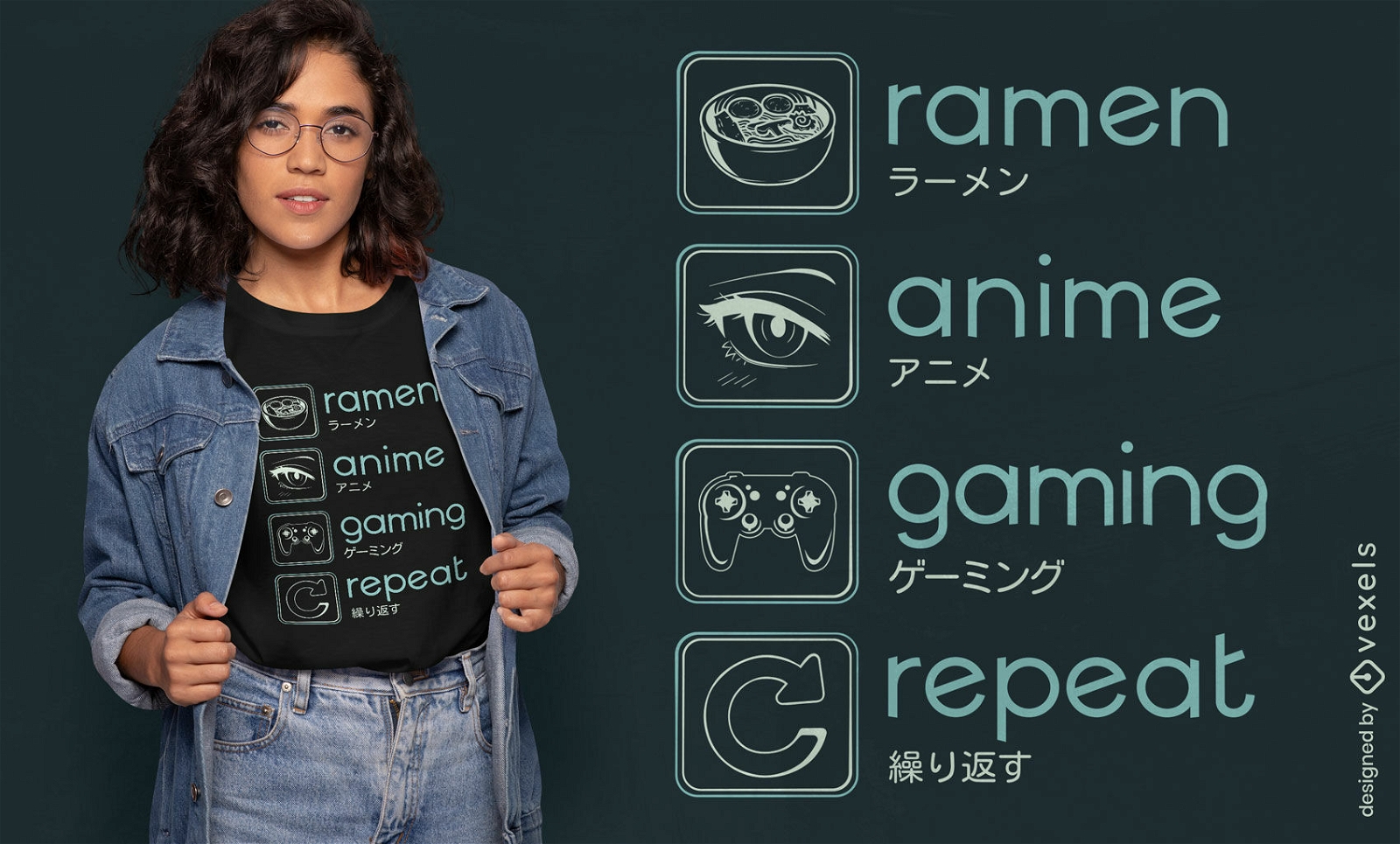 Design de camiseta de rotina de anime e jogos
