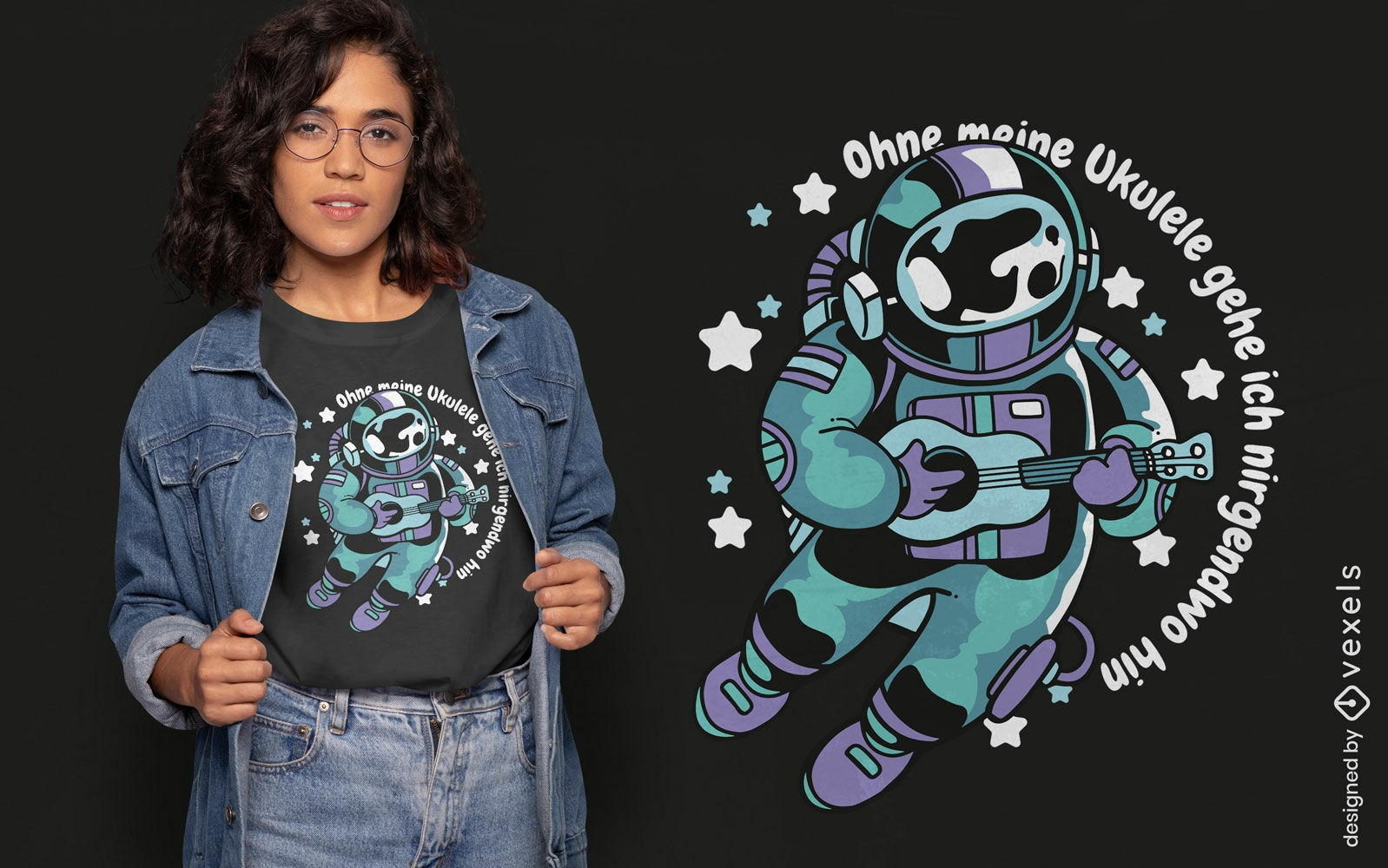 Astronauta en el espacio con diseño de camiseta de ukelele.