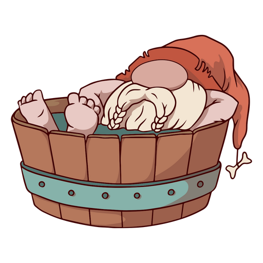 Sleeping gnome resting in a wooden tub PNG Design