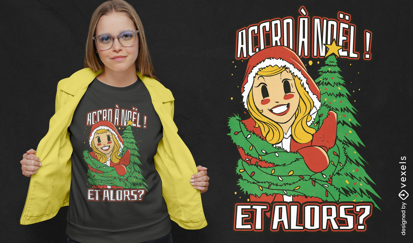 Mujer feliz con dise?o de camiseta de ?rbol de navidad