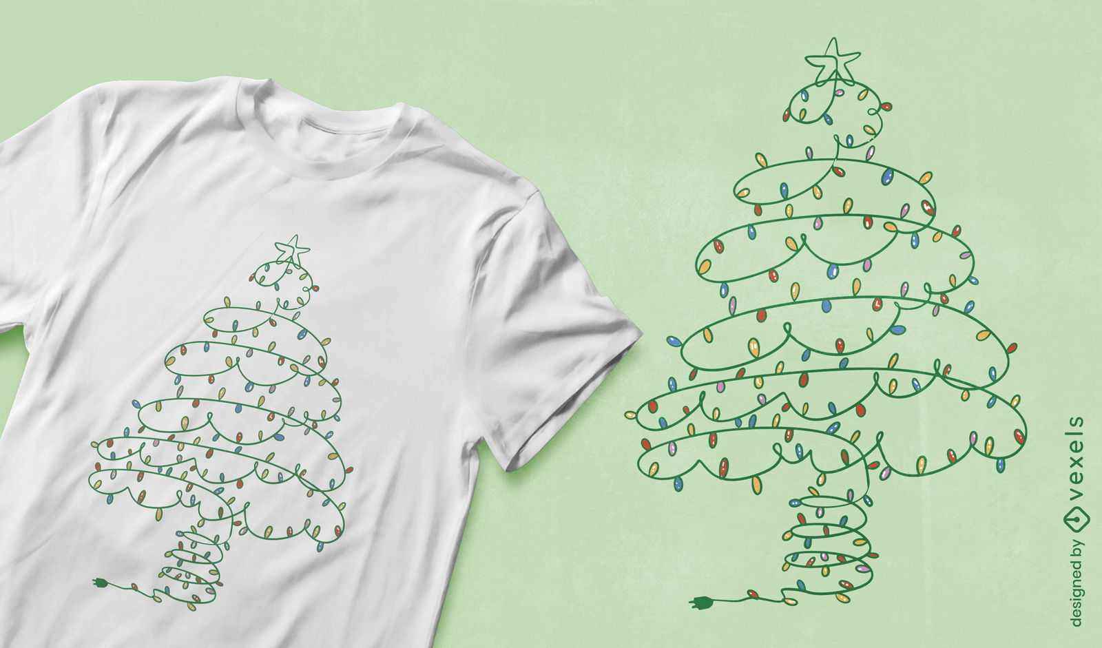 Diseño de camiseta de árbol de navidad hecho de luces.