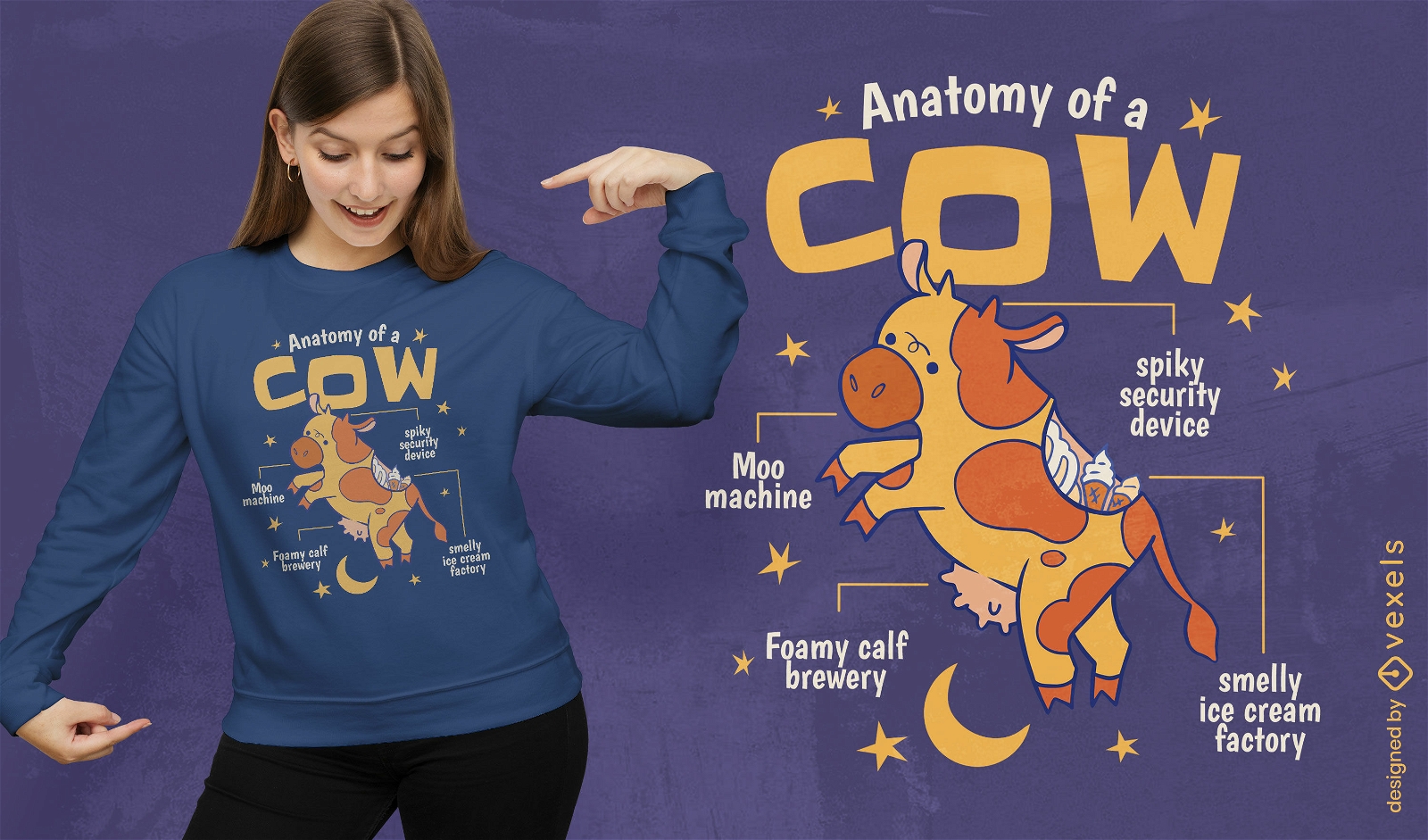 Diseño de camiseta divertida de anatomía animal de vaca
