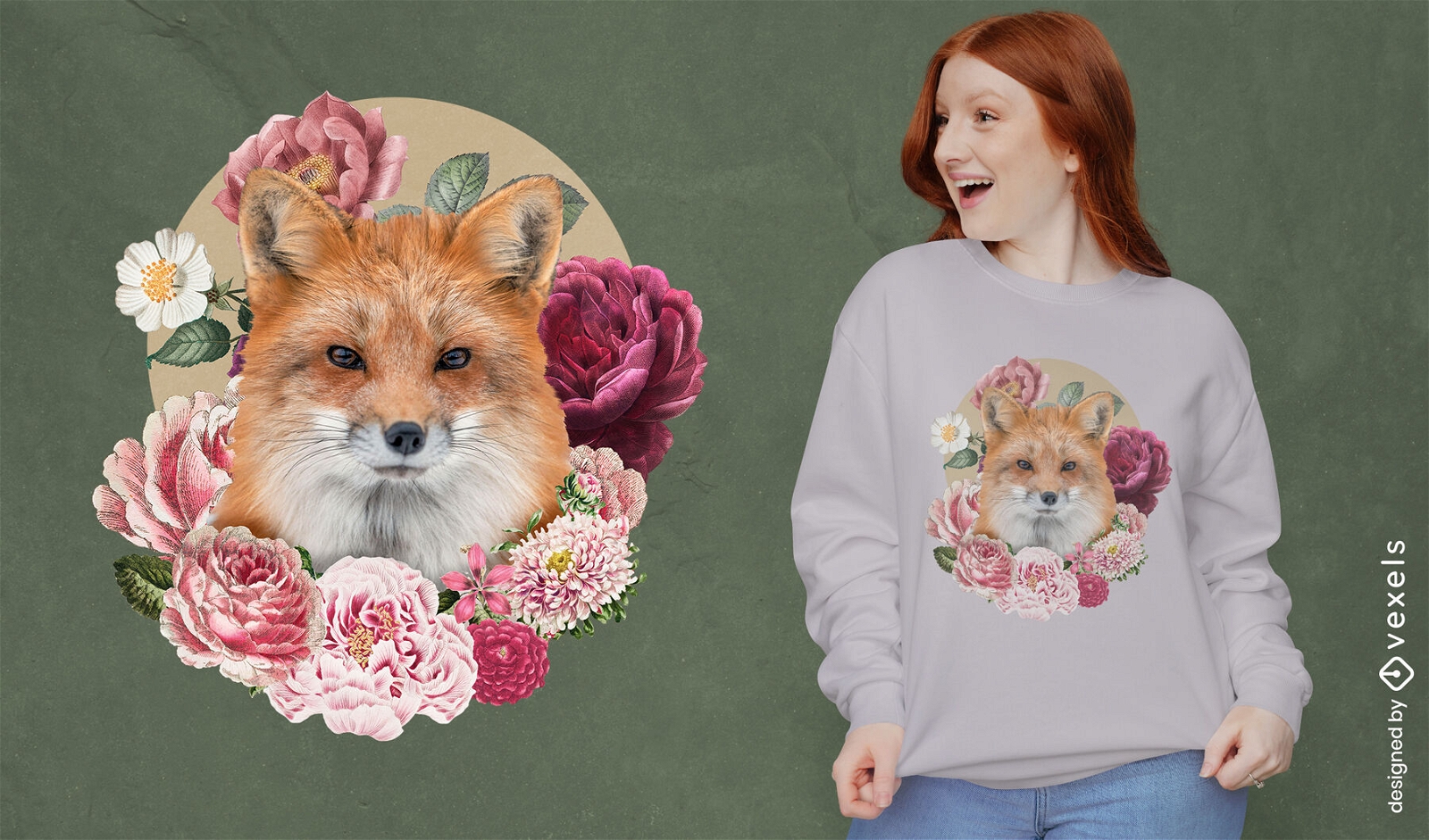Cute fox animal with roses t-shirt psd