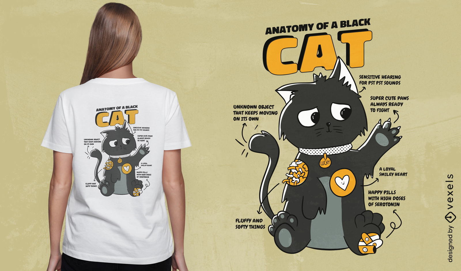 Diseño de camiseta de anatomía animal de gato negro.