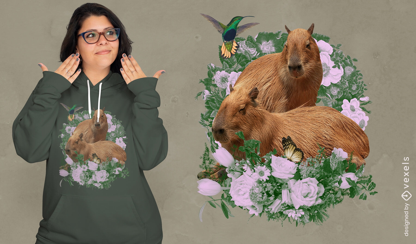 Animal de capivara com camiseta de flores psd