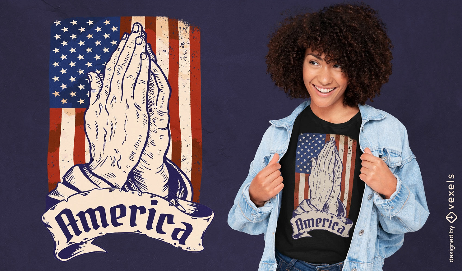 Diseño de camiseta de manos rezando de América