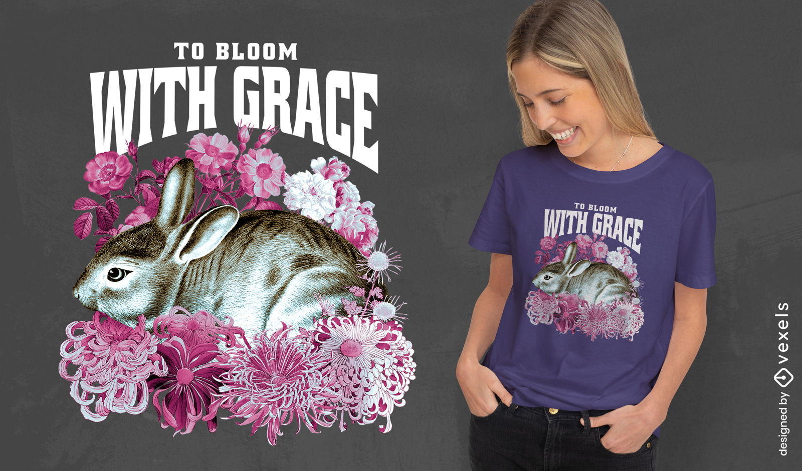 Rabbit animal with flowers t-shirt psd