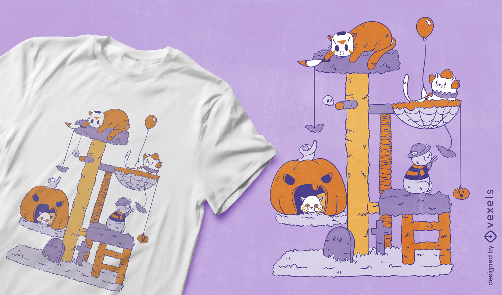 Diseño de camiseta de árbol de gato de Halloween