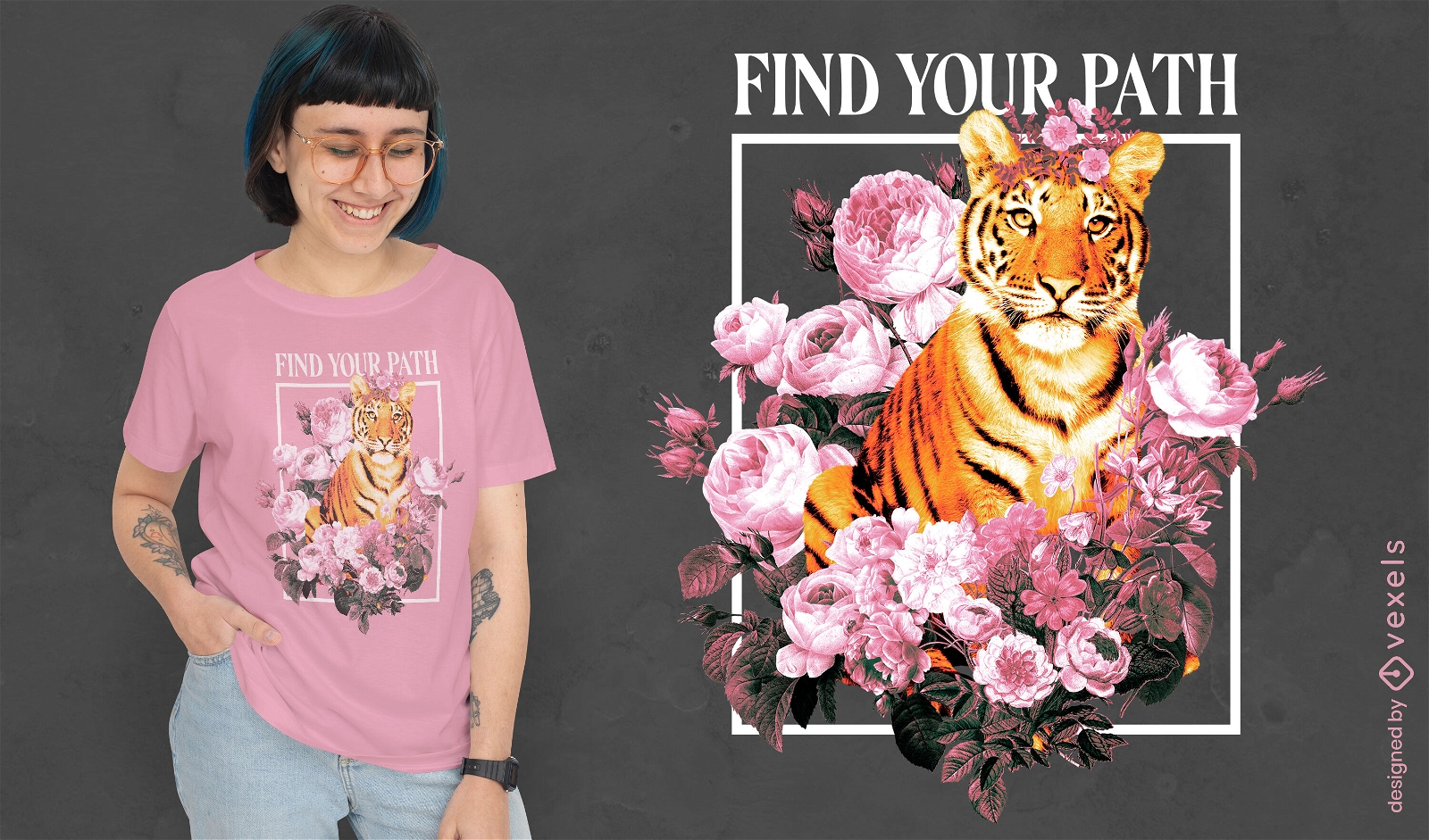 Tiger wild animal with flowers t-shirt psd
