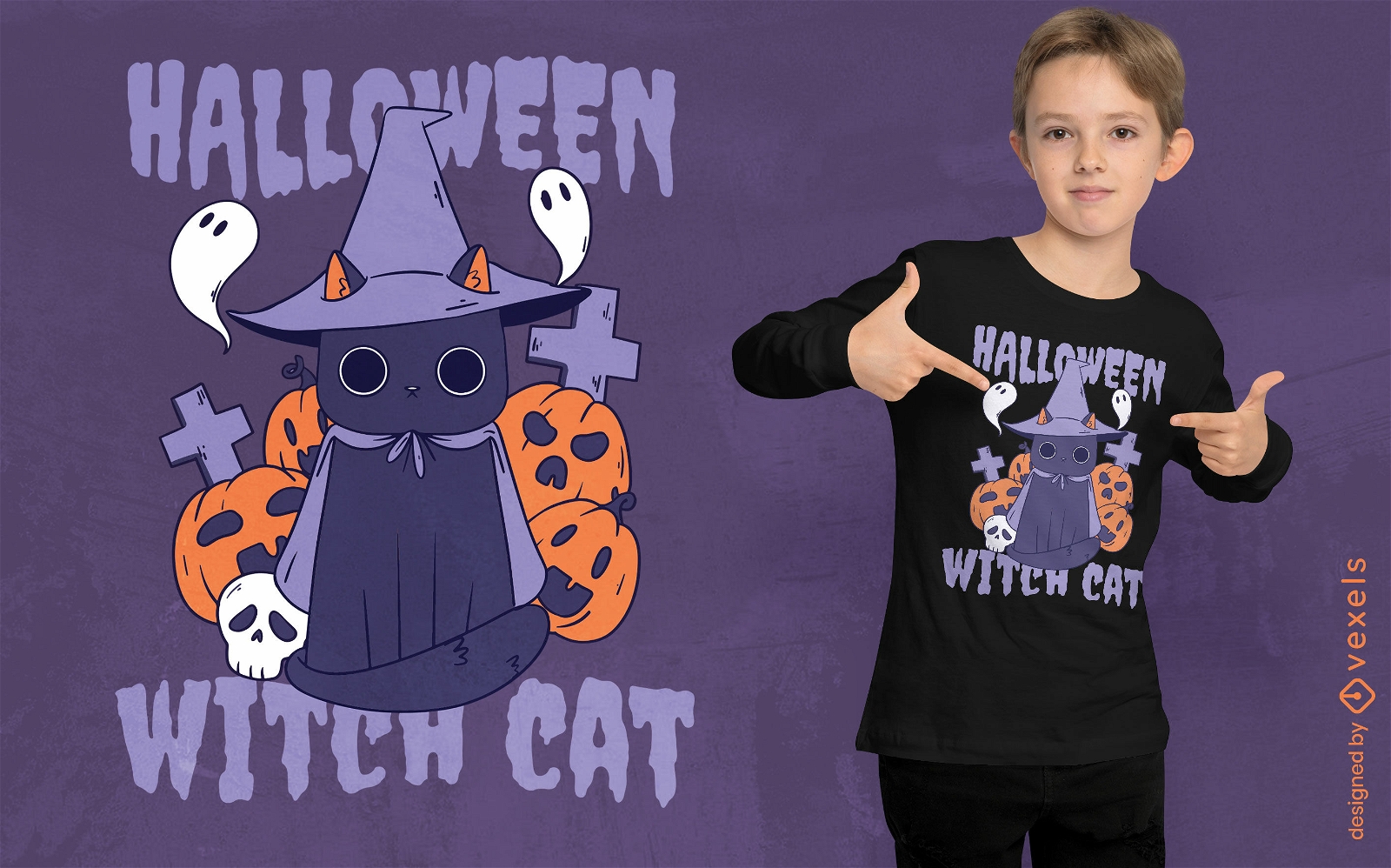 Diseño de camiseta de bruja gato Halloween