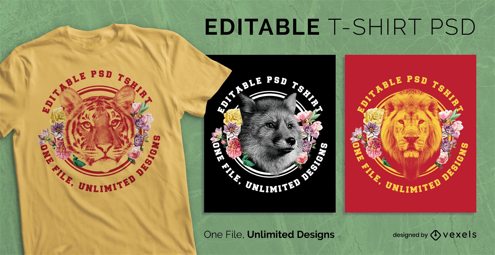 Wild animals with flowers scalable t-shirt psd