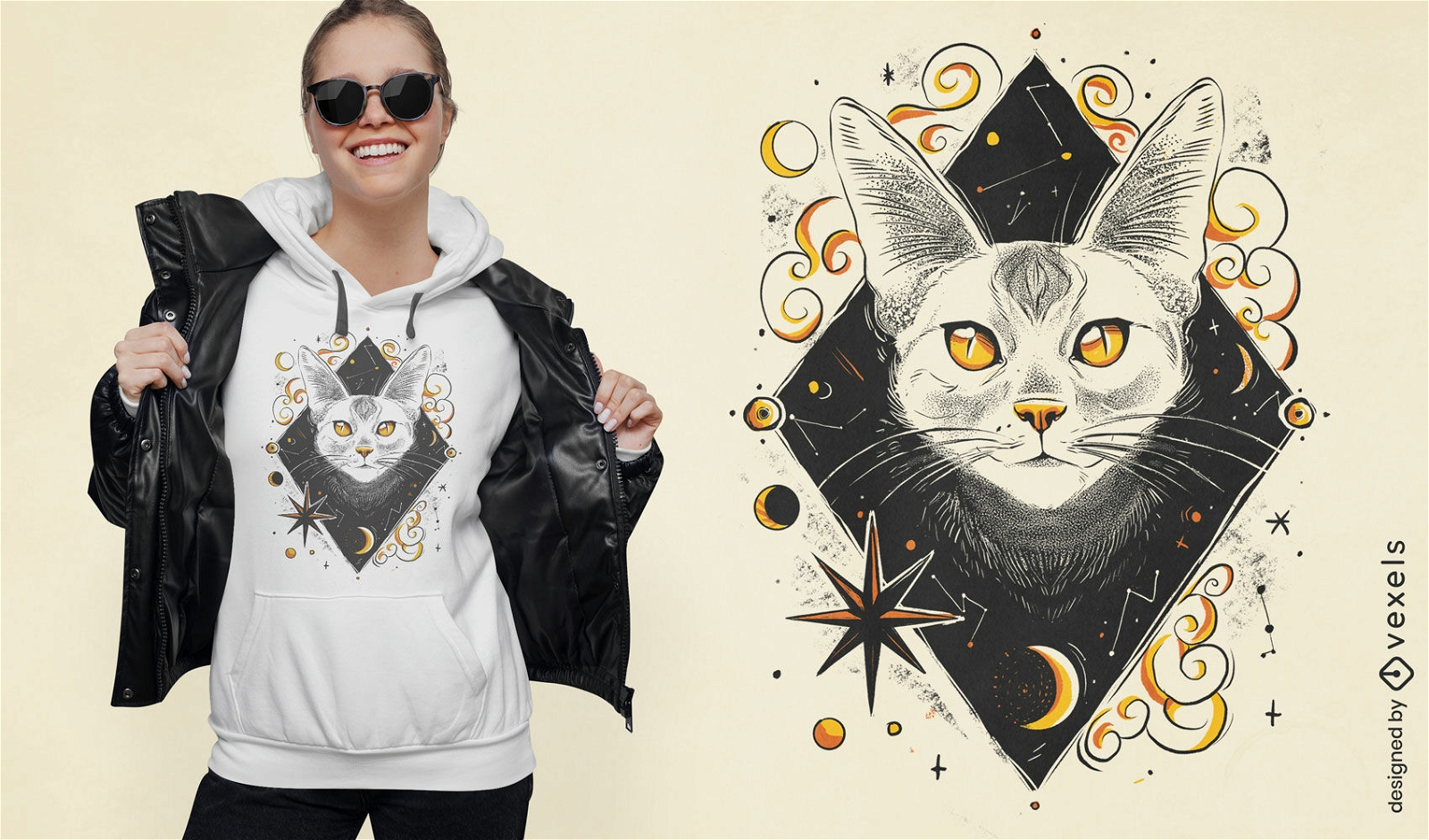 Cosmic night white cat t-shirt design