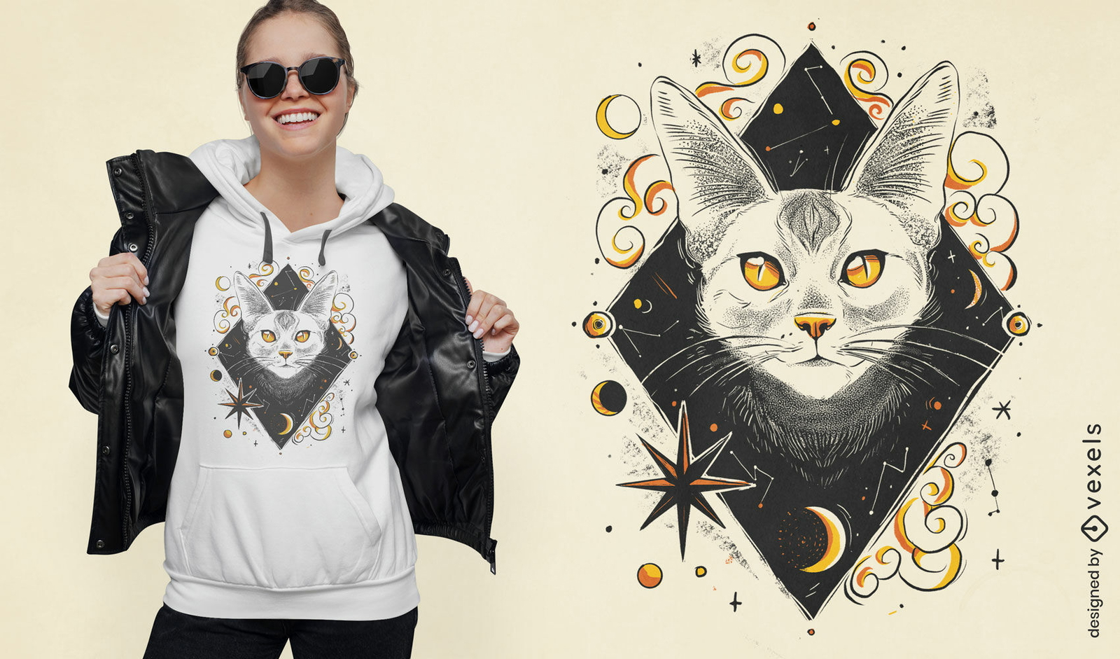 T-Shirt-Design mit weißer Katze der kosmischen Nacht