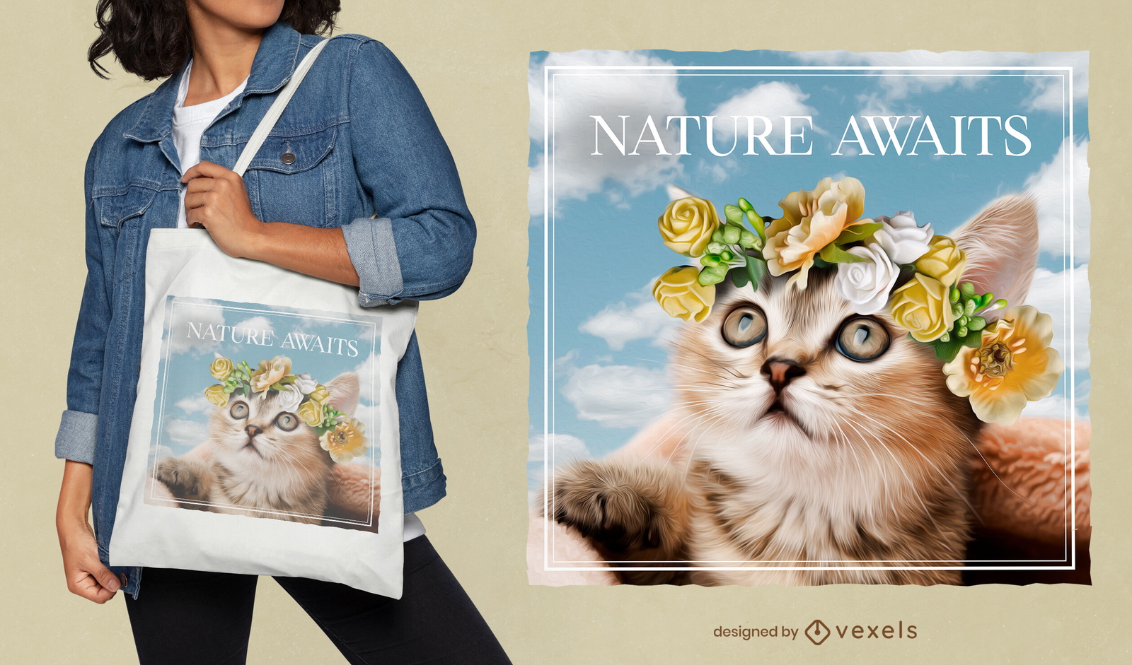 Diseño de tote bag gatito con corona de flores