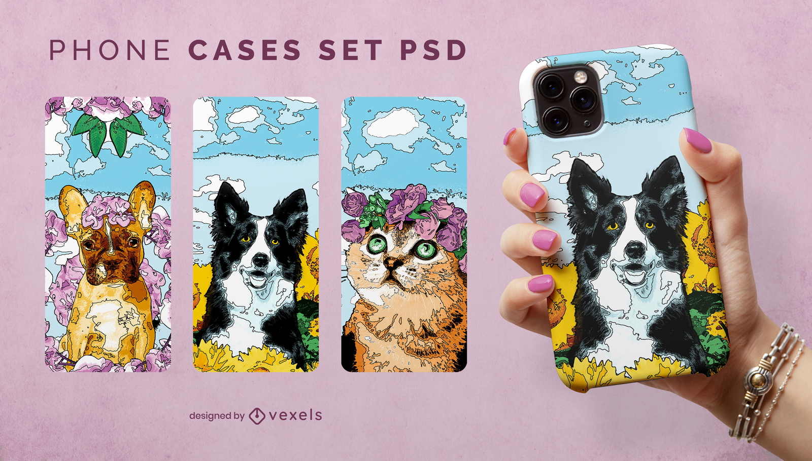 Lindas mascotas animales en la caja del teléfono de la naturaleza psd