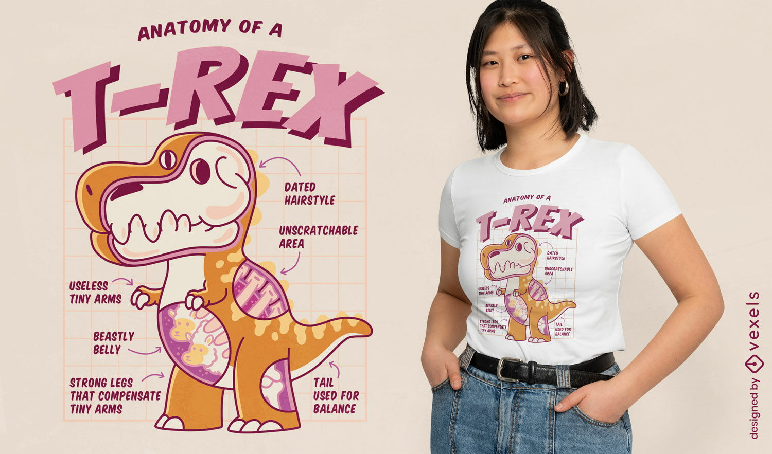 Design de camiseta engra?ada de anatomia T-rex